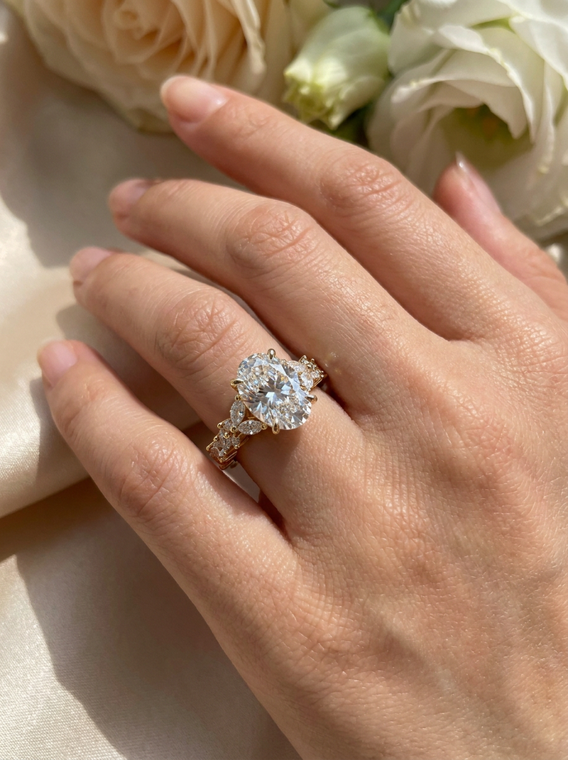 The Winged Oval | Multi-Shape Diamond Botanical Engagement Ring — worn view