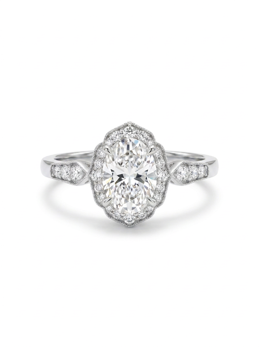 The Cartouche | Oval Cut Scalloped Milgrain Halo Ring