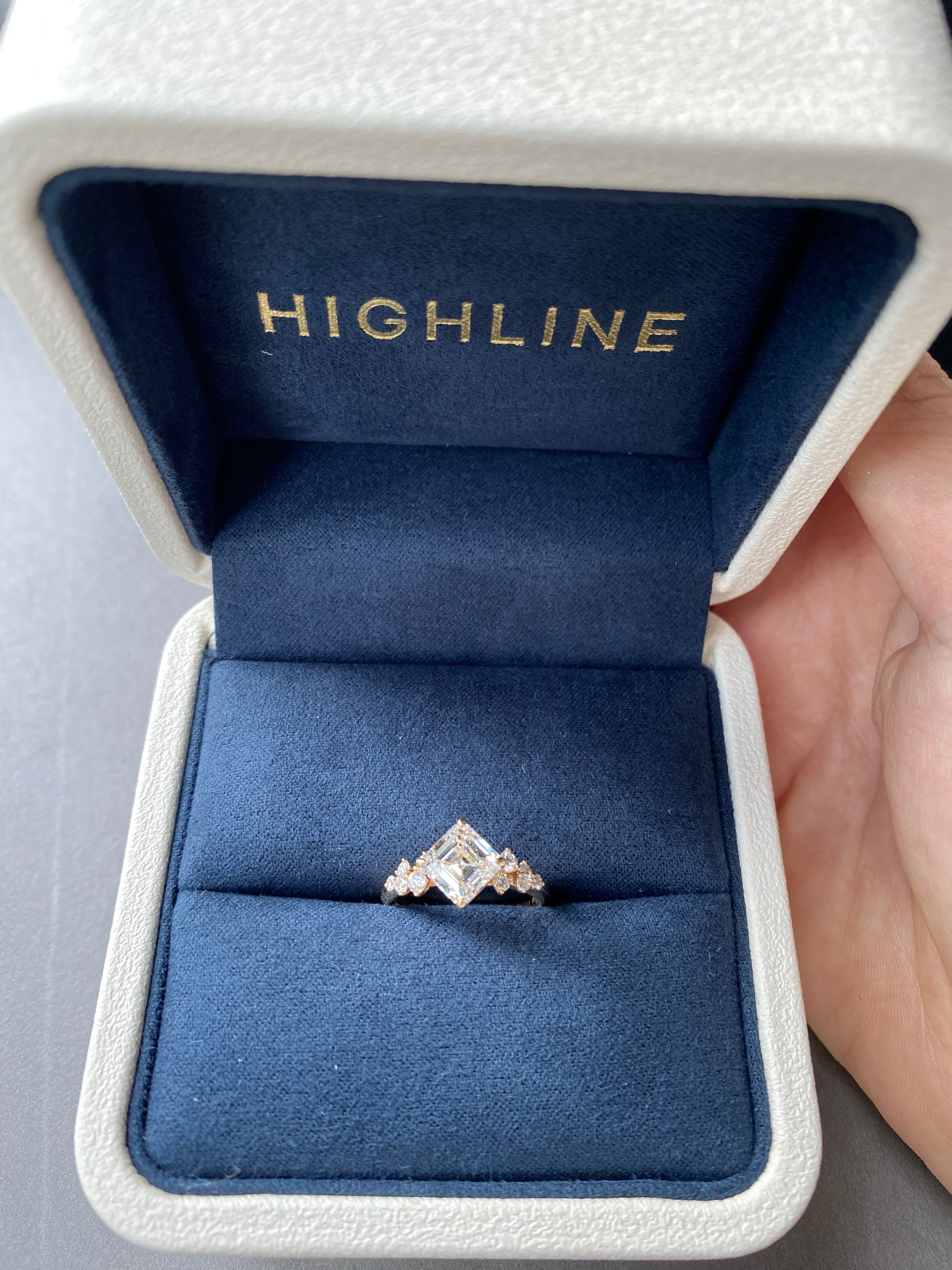 The Asscher Cluster kite-set diamond ring, detail view ready to ship — Highline Diamond