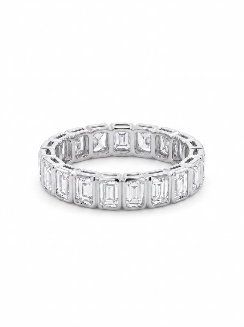 The Bezel Emerald | Bezel-Set Emerald Cut Diamond Eternity Band — worn view