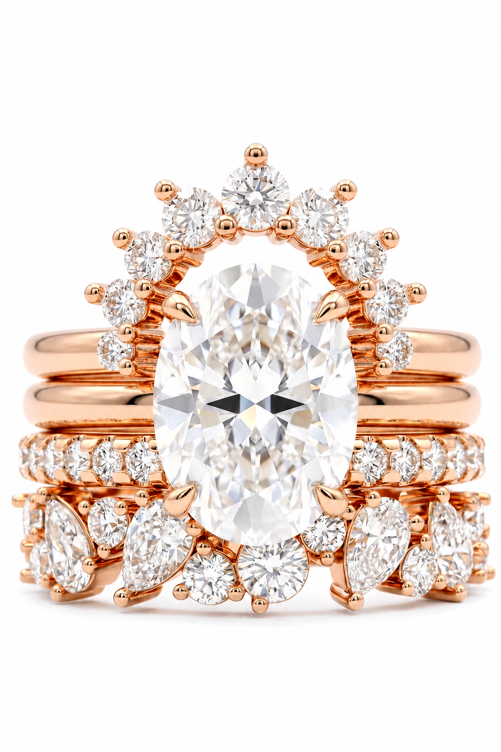 The Pantheon | Multi-Stacked Oval Solitaire & Celestial Crown Suite