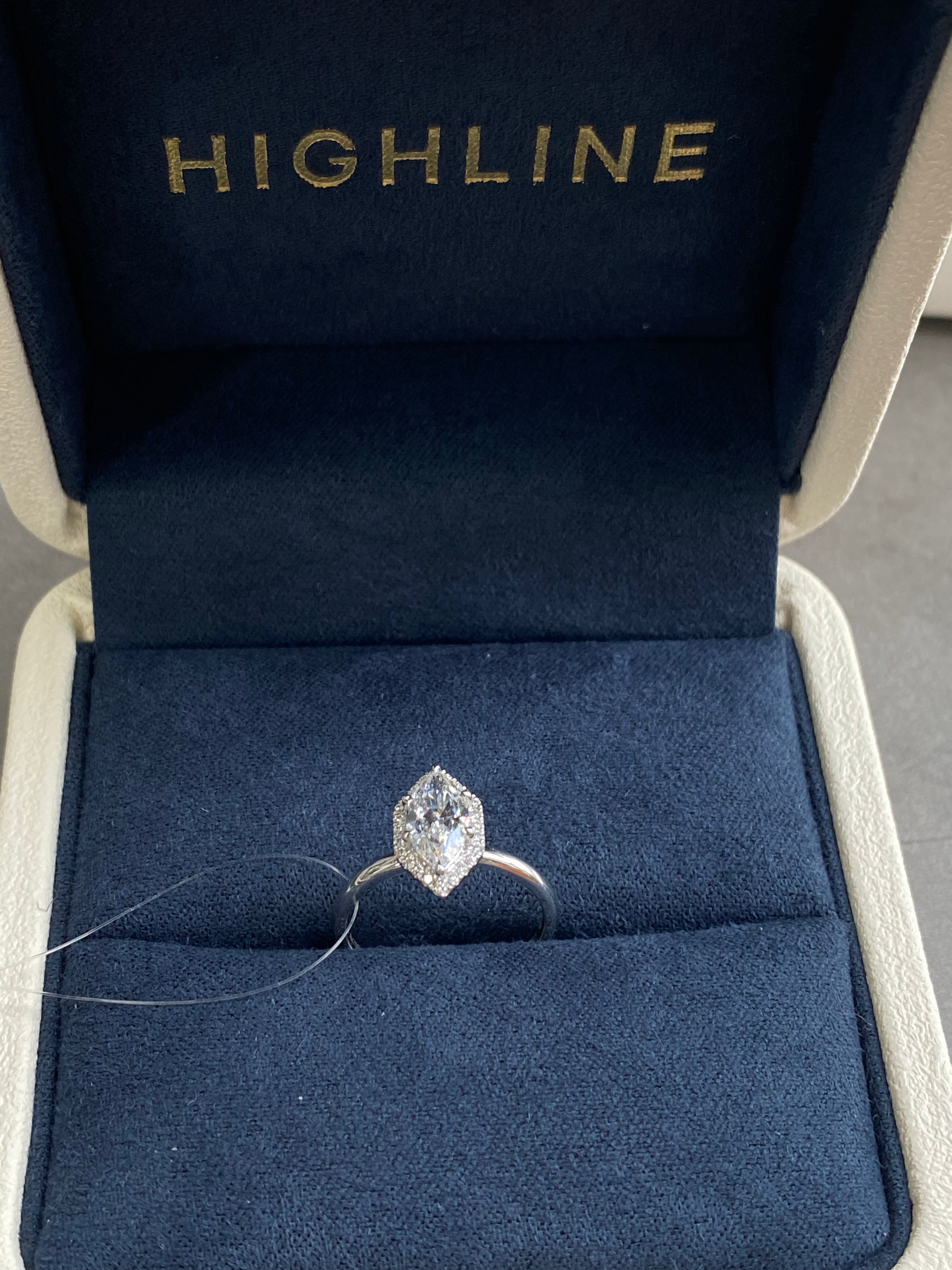 The Marquise Halo classic smooth band diamond ring, detail view ready to ship — Highline Diamond
