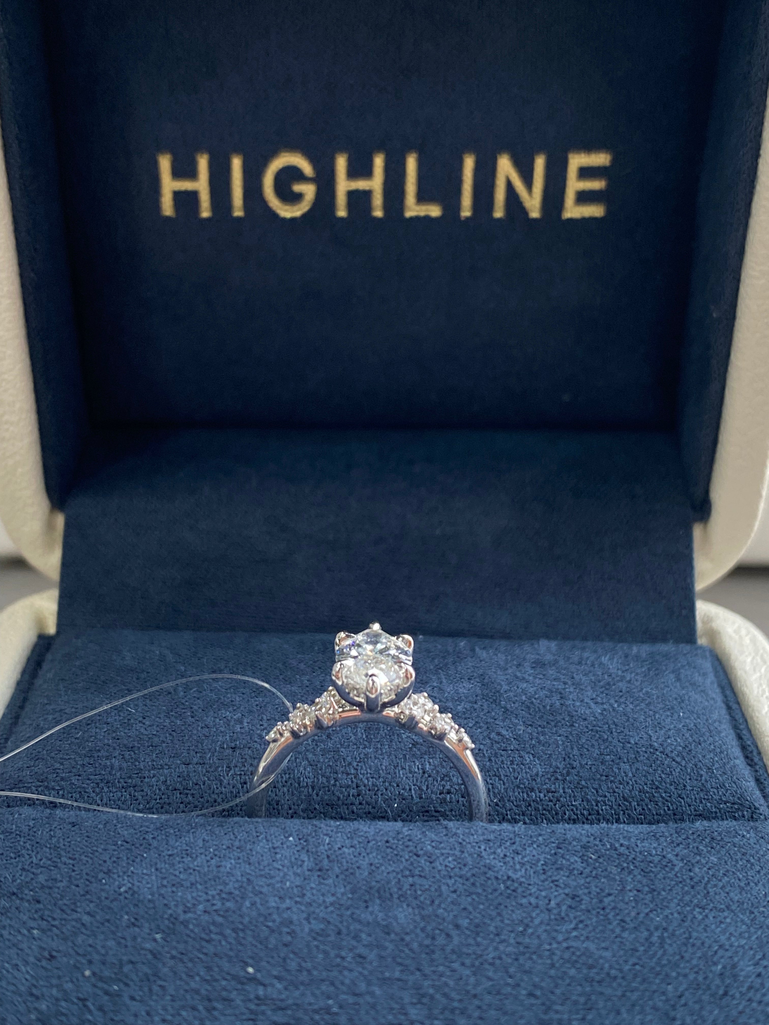 The Almond marquise diamond cluster ring, detail view ready to ship — Highline Diamond