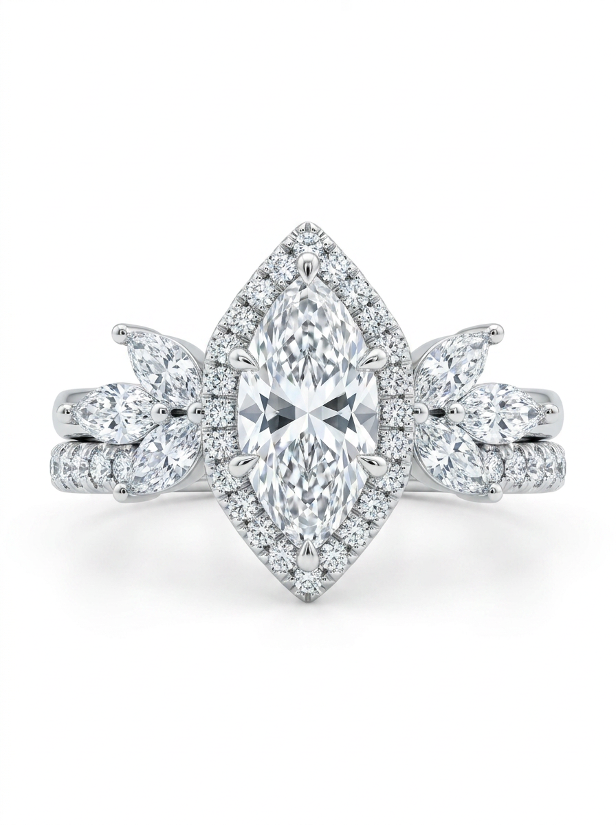The Marquise Crown Suite two-piece marquise ring jacket bridal set in lab-grown diamonds — by Highline Diamond