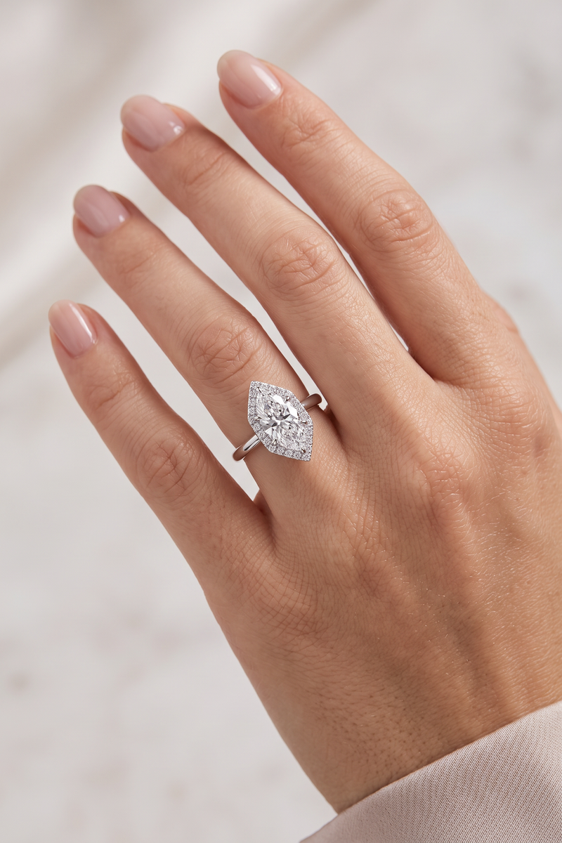 The Marquise Halo | Classic Smooth Band Diamond Ring — worn view