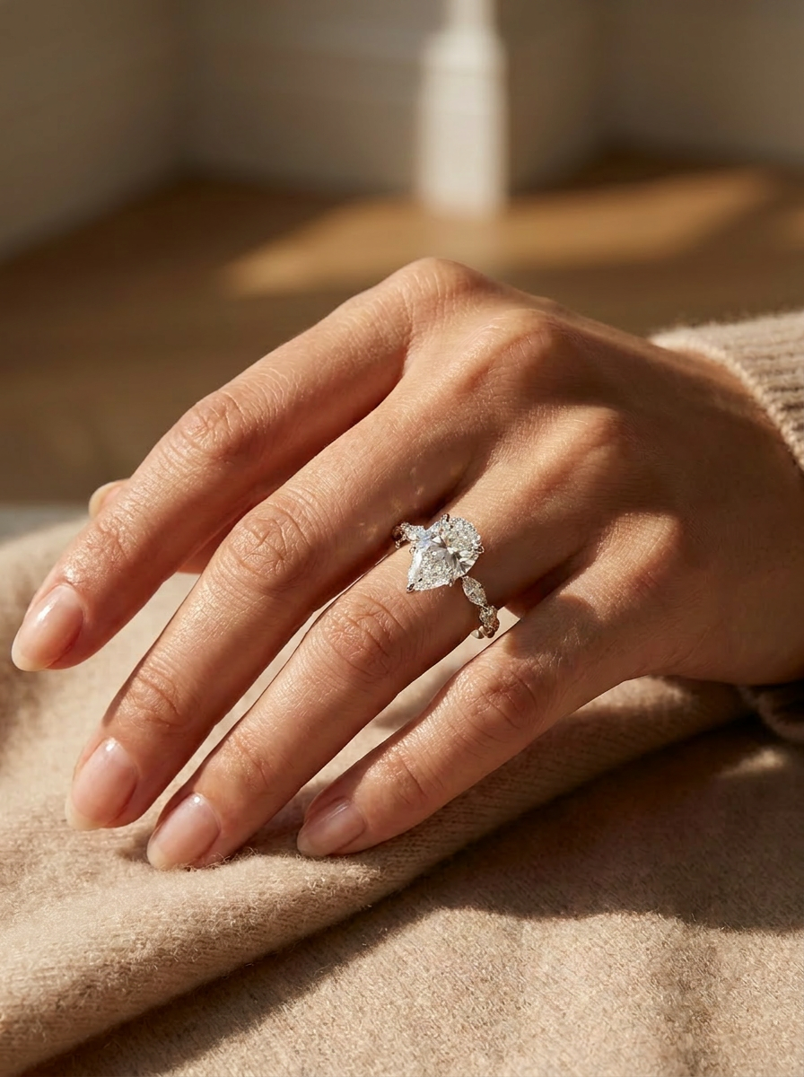 The Rain pear diamond and marquise vine ring worn on hand
