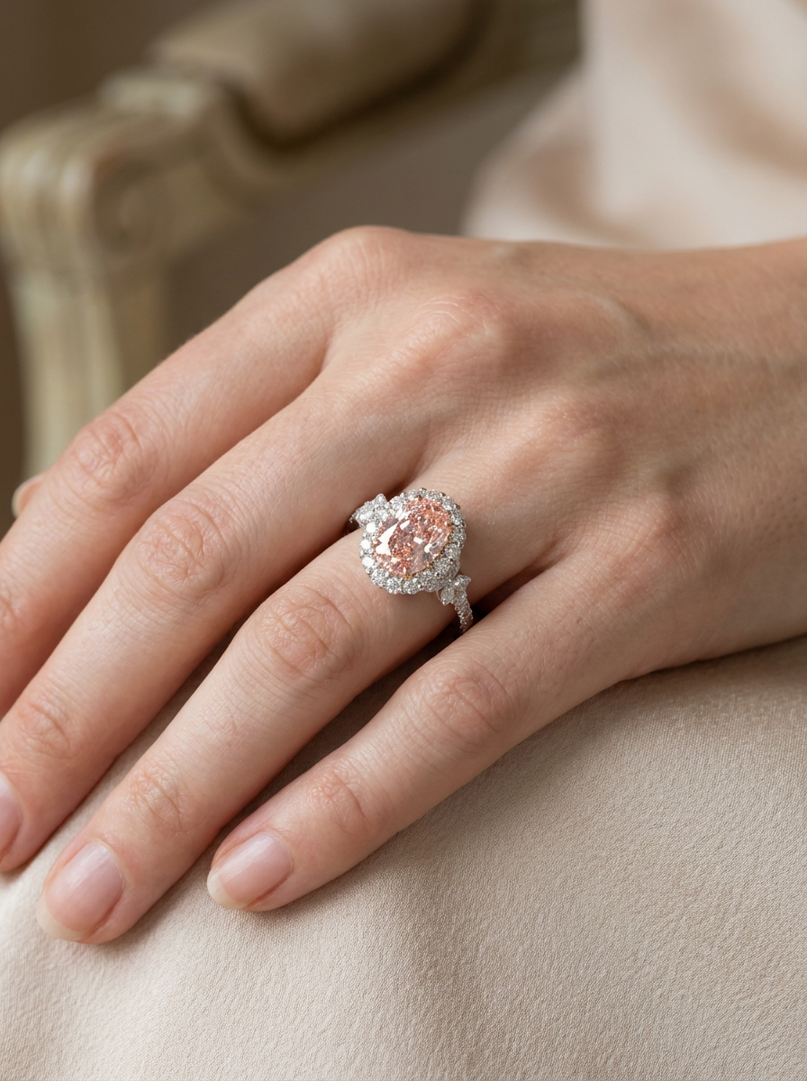 The Nectar oval peach-pink diamond double halo ring — lab-grown diamond ring by Highline Diamond