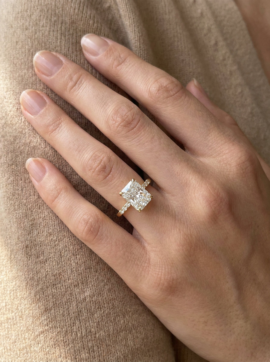 The Monolith radiant-cut solitaire worn on hand, 18k yellow gold