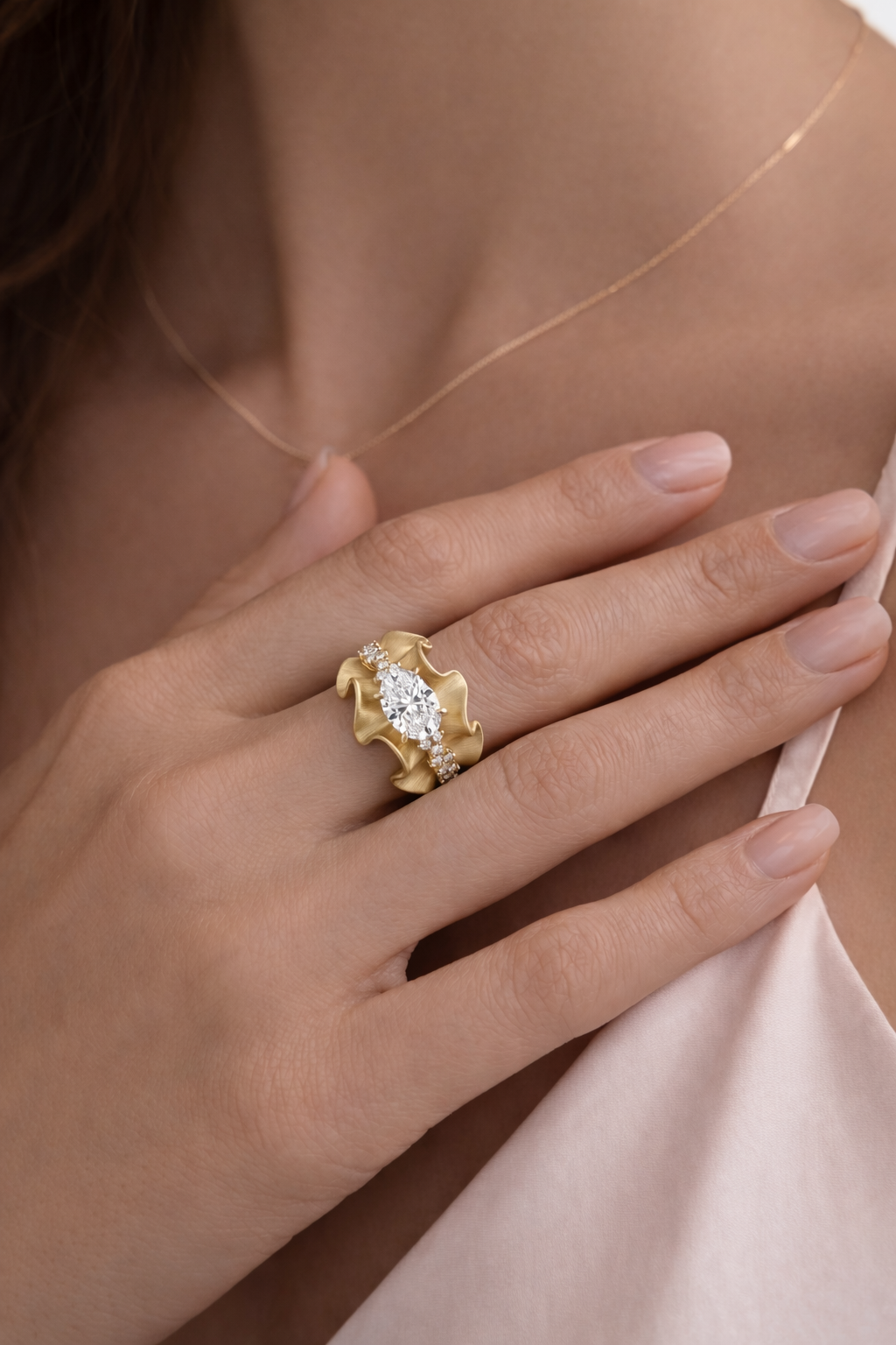 The Organza | Sculptural Ruffled Gold & Oval Diamond Statement Ring