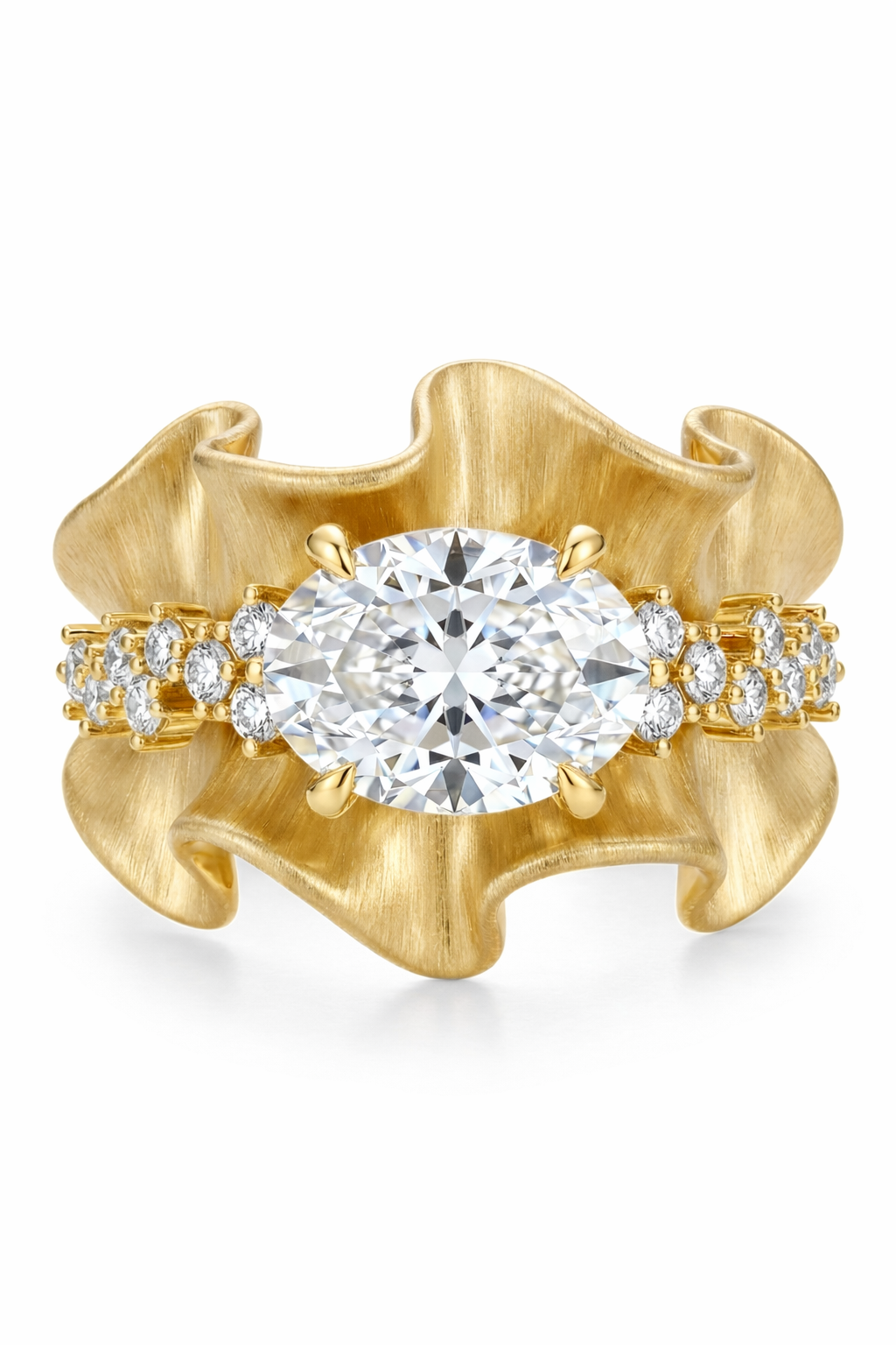 The Organza | Sculptural Ruffled Gold & Oval Diamond Statement Ring
