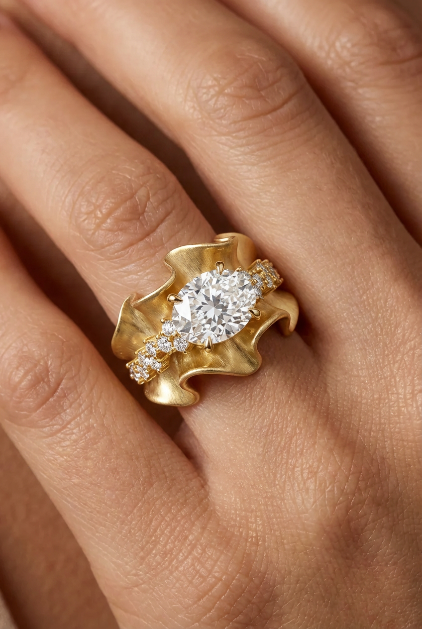 The Organza | Sculptural Ruffled Gold & Oval Diamond Statement Ring