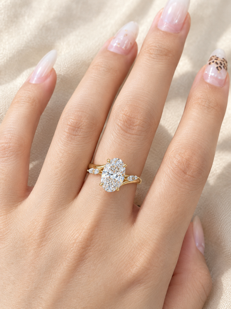 The Meander | Oval Solitaire & Crossover Marquise Shank — worn view