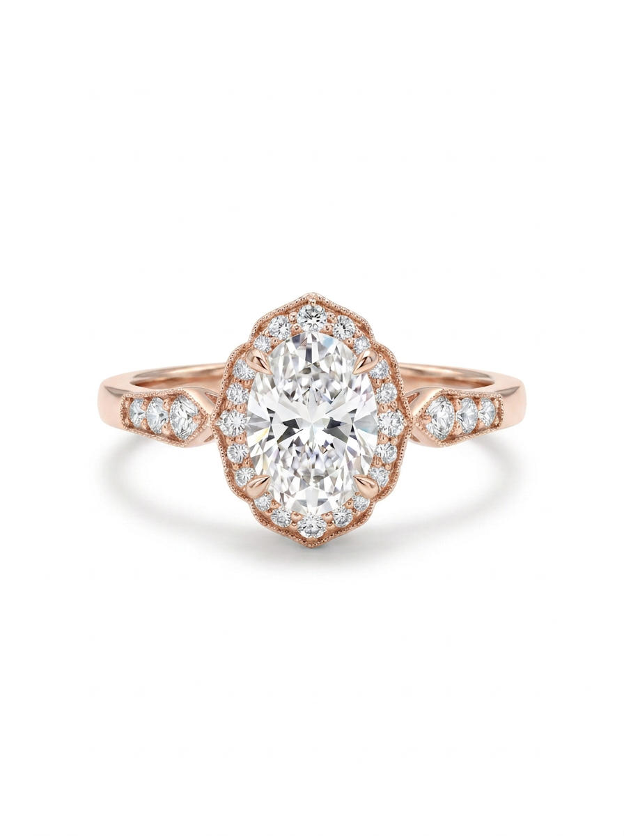The Cartouche | Oval Cut Scalloped Milgrain Halo Ring