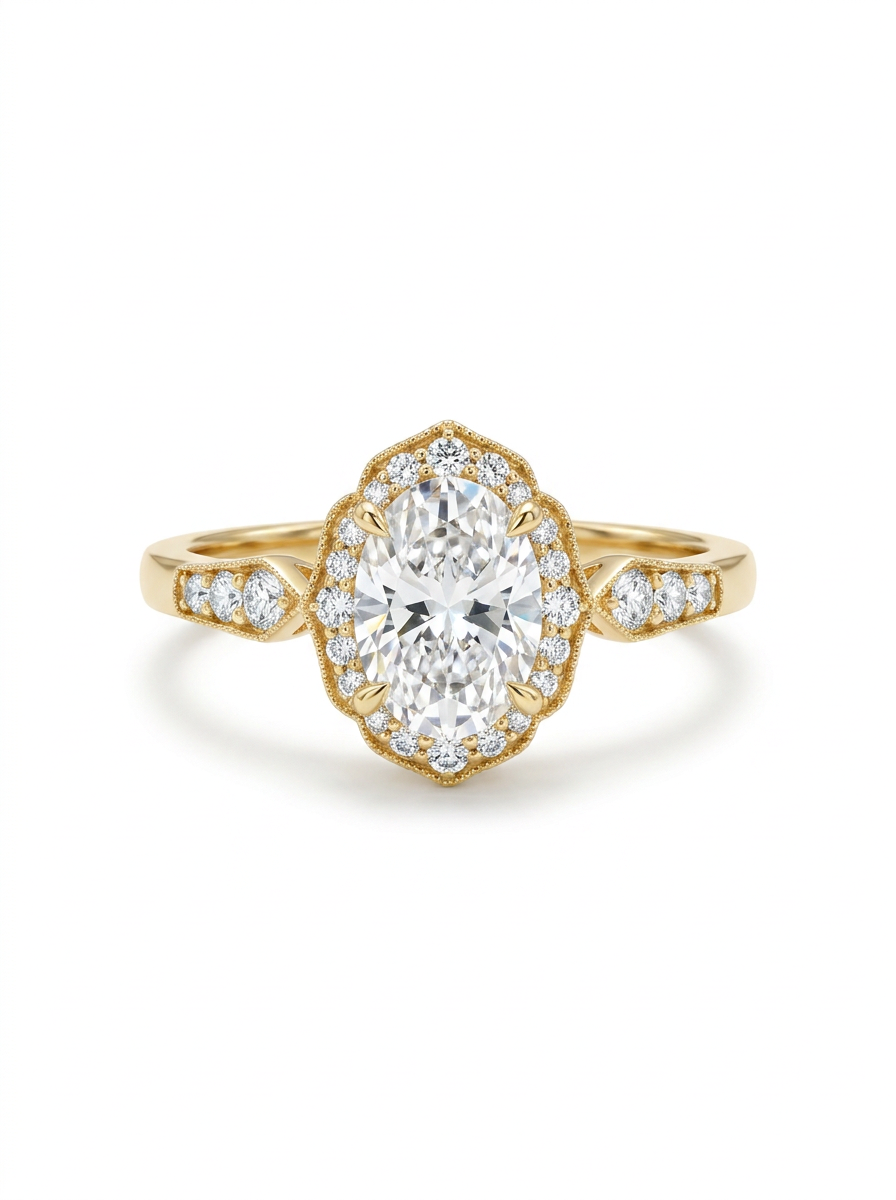 The Cartouche | Oval Cut Scalloped Milgrain Halo Ring