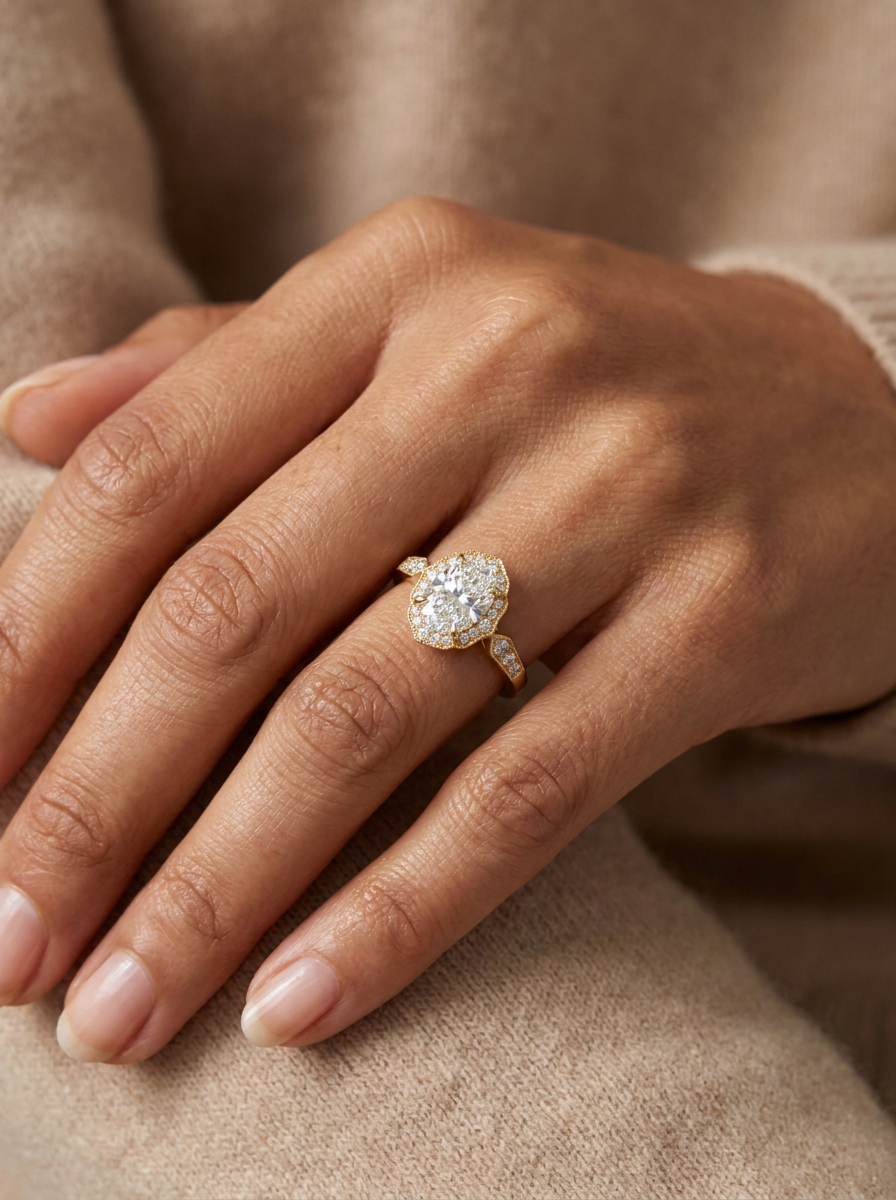 The Cartouche | Oval Cut Scalloped Milgrain Halo Ring