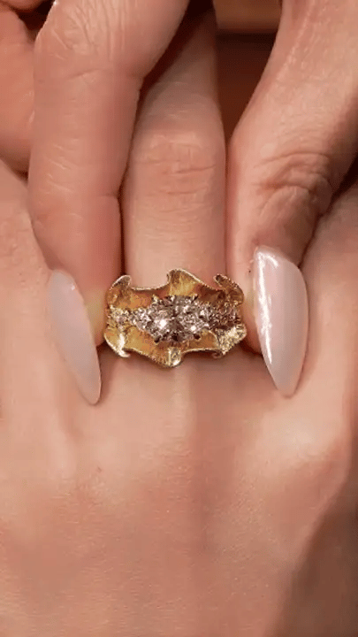 The Organza | Sculptural Ruffled Gold & Oval Diamond Statement Ring