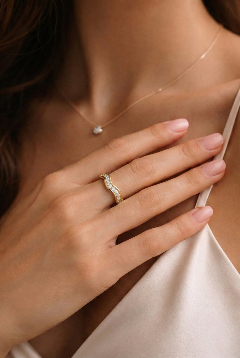 The Ribbon | Pavé Diamond Wave Band — worn view