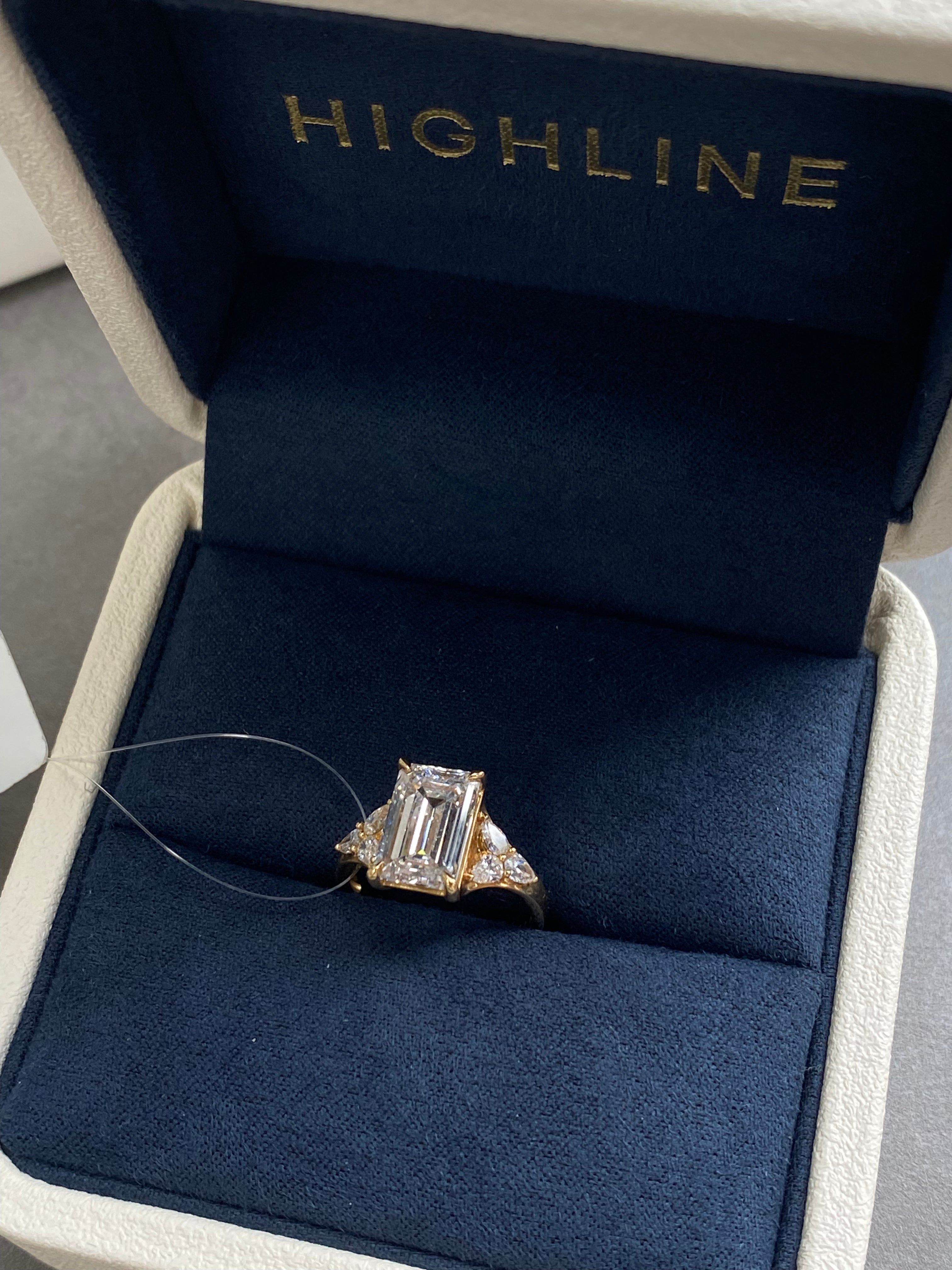 The Plaza emerald cut art deco ring, detail view ready to ship — Highline Diamond