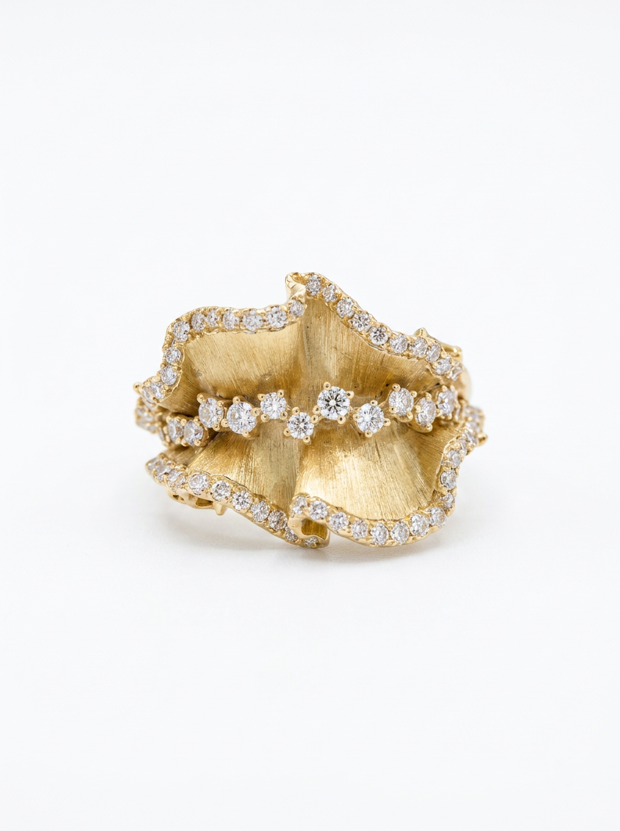 The Ruche brushed gold ruffle band with pavé diamonds — by Highline Diamond
