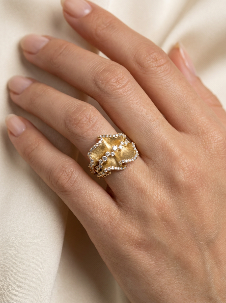 The Ruche | Brushed Gold Ruffle & Pavé Band